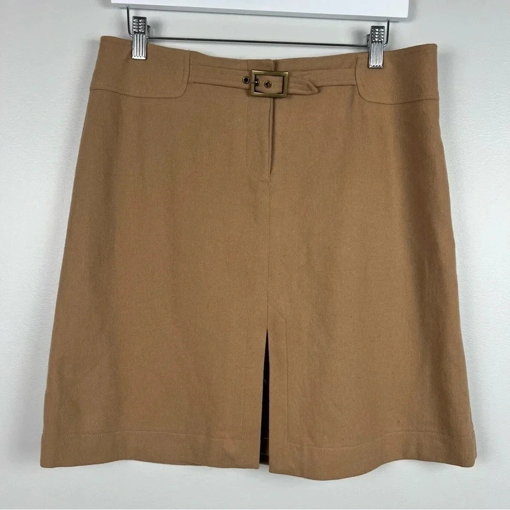 THE LIMITED 10 Stretch Skirt Tan Beige w Built in Belt & Front Slit Wool Blend